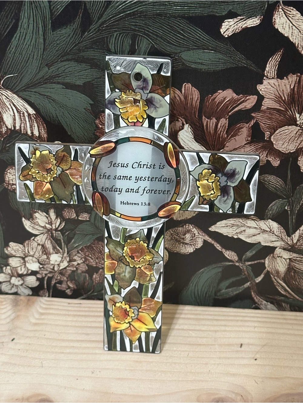 Amia Studios Hand Painted Stained Glass Crucifix Cross Daffodil